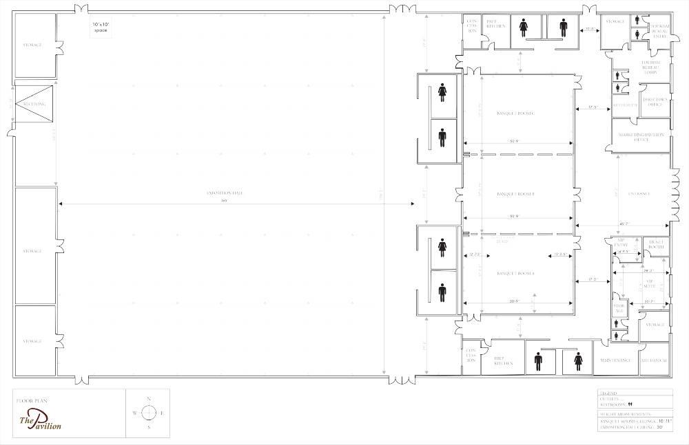Floor plan of The Pavilion showing the Expo Hall, banquet rooms, meeting rooms, restrooms, kitchen, and storage areas